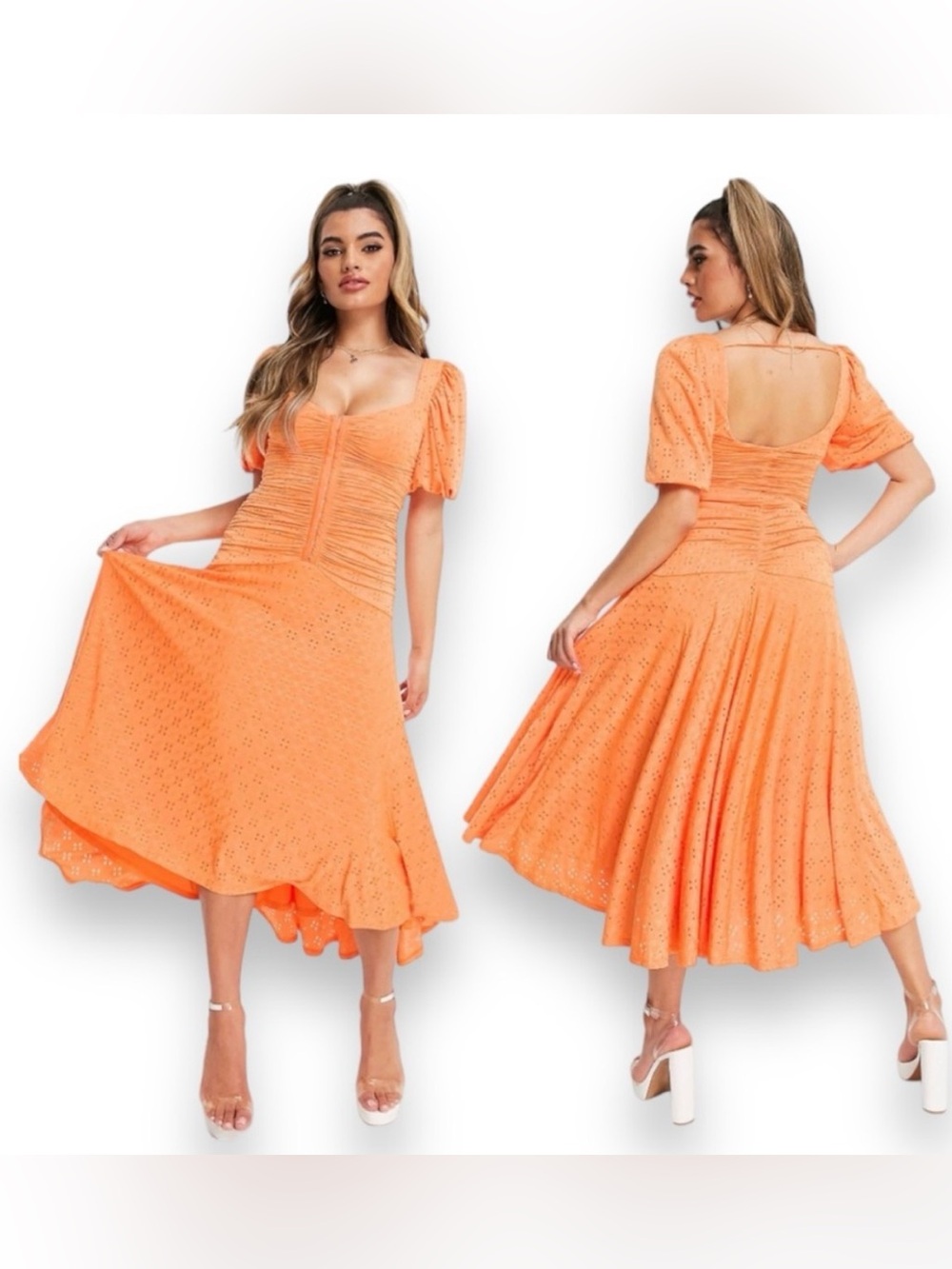 NWT ASOS DESIGN Puff Sleeve Ruched Eyelet corset Top Midi dress orange us size 4